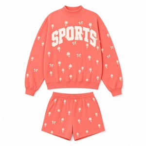 Ensemble 2 pièces en polaire rose pour femme, col rond, imprimé floral, tenue décontractée ample pour le printemps et l'été, vente en gros - Product Image 2