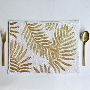 NEHA ENTERPRISES Geometric Embroidery Beaded Floral <b>Place</b> <b>Mat</b> Gold White Woven Polyester Eco-Friendly Handmade Luxury Modern - Product Image 3