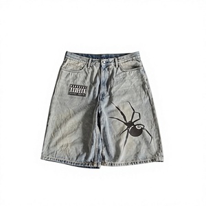 Conjunto de Chaqueta y Pantalones Cortos de Mezclilla, Estilo Urbano, Pantalones Cortos de Mezclilla de Verano, Pantalones Cortos de Mezclilla de Talla Grande para Hombre, Estilo Y2K, Holgados, con Diseño de Araña - Product Image 1