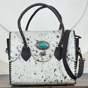 Sac fourre-tout de luxe en cuir de vachette vintage clouté et orné de pierres turquoise, grande capacité, sac à bandoulière de voyage pour femmes - Product Image 4