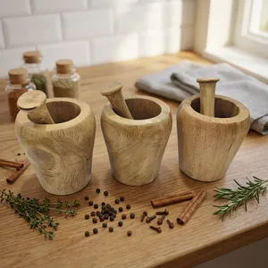 High quality Wooden Mortar And Pestle <b>Set</b> Round Shape Natural Wood Spice Grinder Durable Herb & Garlic Crusher for <b>Kitchen</b> Use - Product Image 3