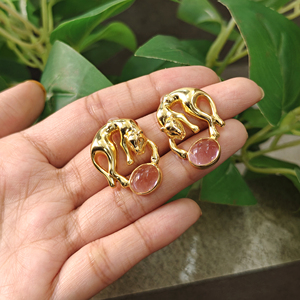18k gold plated pink <b>cats</b> eyes pink quartz gemstone stud animal <b>earring</b> trendy unique fashion jewelry gift for birthday - Product Image 5