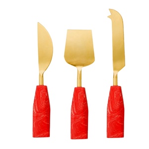 Stainless Steel Cheese <b>Set</b> Gold Plated Stainless Steel Luxury Cheese <b>Set</b> with Royal Handmade Bright Red Resin Handmade Handle - Product Image 1