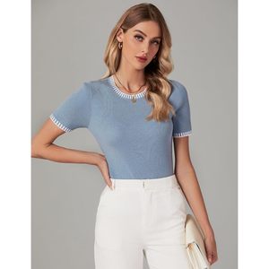 2025 mujeres de moda de negocios Casual Slim Fit verano manga corta suéter Top Color bloque cuello redondo acanalado Camiseta de punto - Product Image 6