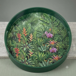 Plateau de service rond en laque verte avec motif floral tropical et poignées pour la décoration de la maison - Product Image 5