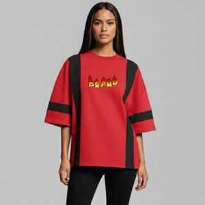 <b>High</b> Quality Women's <b>Red</b> Oversized T-Shirt With Black Stripes Three Quarter Sleeve Loose Fit Crew Neck Knitted Polyester - Product Image 4