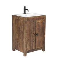 Meuble-lavabo moderne en bois de manguier massif, écologique, de style européen, avec miroir sur pied, lavabo blanc, robinet noir, montage au sol