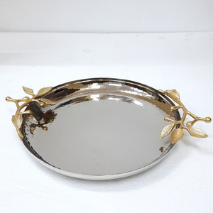 Luxury Art Deco Decorative <b>Round</b> Metal <b>Tray</b> Handcrafted Gold Finish Handles Ramadan Diwali Heat Resistant Multi-Functional - Product Image 1