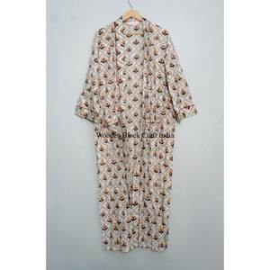 Elegante bata kimono acolchada de algodón beige con estampado floral, estilo indio, informal, para mujer. - Product Image 1