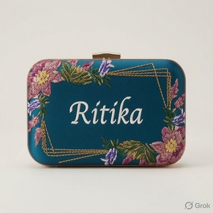 For Floral Embroidered Beaded Crystal Metal Clutch <b>Bag</b> with Flap Closure up to 1L Capacity for <b>Evening</b> Parties - Product Image 2
