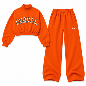 Trendy Tackle Twill Applique <b>Orange</b> Mock Neck Women's Crop Sweatshirt Tracksuit Custom Checkered Varsity <b>Fleece</b> Jogger Sets Bulk - Product Image 4