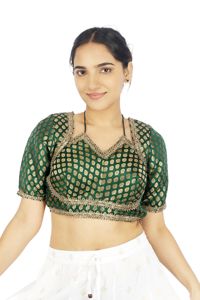 <b>Green</b> Embossed <b>Crop</b> <b>Top</b> Blouse for Women Short Sleeve V Neck Ethnic <b>Top</b> with Embroidery Woven 100% Silk for Wedding Party - Product Image 1