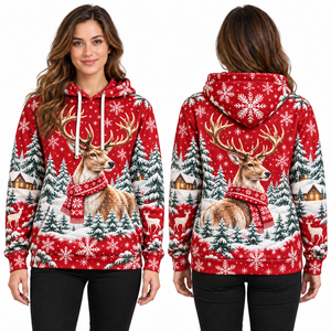 Women's Christmas Gingerbread House Printed Hooded Sweatshirt Full Sleeve Knitted Winter Pullover Green Patterned Design - Product Image 6