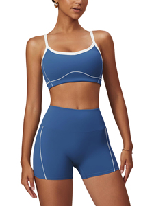 Women's <b>Blue</b> Solid High Support Spandex 2-Piece Sports <b>Bra</b> Shorts Set White Stripe Detailing Breathable Knitted Activewear Yoga - Product Image 1