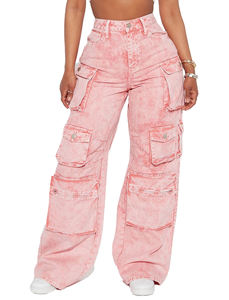 Jean cargo rose délavé à l'acide taille haute pour femme, coupe ample, jambe large, multi-poches, en denim de coton, style utilitaire - Product Image 6