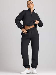 Women Two Piece <b>Sweatshirt</b> and Jogger Pants Set Solid Black Fleece Half <b>Zip</b> Pullover Casual Wear Regular Fit Eco-Friendly Autumn - Product Image 2