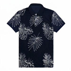 เสื้อโปโลแขนสั้นสีน้ำเงินกรมท่าสำหรับผู้ชาย พิมพ์ลายใบไม้เขตร้อนสีขาวด้วยเทคนิค Sublimation ผ้าฝ้ายอ๊อกซ์ฟอร์ดแบบลำลอง ระบายอากาศได้ดี - Product Image 5