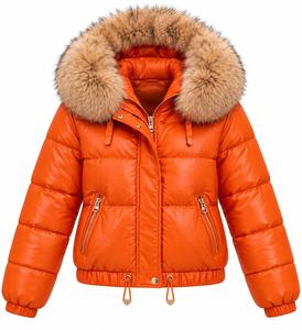 Veste matelassée en cuir PU orange à capuche avec col en fourrure, coupe-vent, épaisse, pour l'hiver, style décontracté, fermeture éclair courte - Product Image 6