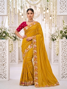 AARA Fashion Yellow Silk <b>Saree</b> with Pink Embroidery Matching Blouse <b>for</b> Wedding Occasion <b>Women</b> Traditional Wear Sun Protection - Product Image 3