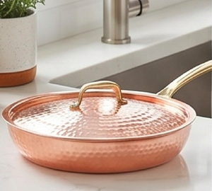 Copper Paella <b>Pan</b> With Lid Handmade Hammered Finish Zinc Alloy <b>Handle</b> For Gas Use And Induction Cookers Use - Product Image 5
