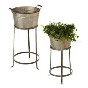 Set of 2 Large Galvanized Metal <b>Planters</b> with Iron Stands Farmhouse Garden Flower Pots for Indoor Outdoor Decor In Lowest Price - Product Image 1