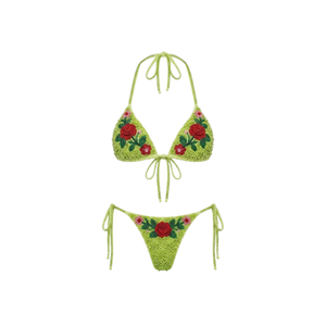 Conjunto de Bikini Floral Verde Tejido a Crochet, con Tiras y Cordones, Bordado a Mano, Traje de Baño de Dos Piezas para Mujer - Product Image 1