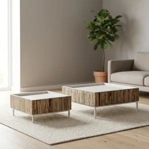 Modern Square Wood <b>Nesting</b> Coffee <b>Tables</b> Tray Top Minimalist Metal Frame Living Room - Product Image 1