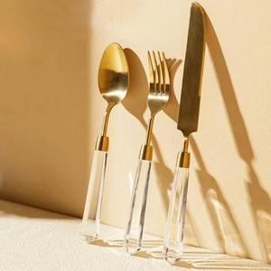 Gold Plated Stainless Steel Spoon Fork And Knife Set of 3 pcs Cutlery Set With Transparent <b>Acrylic</b> Handles Eco Friendly - Product Image 1