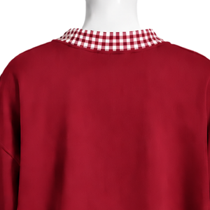 Mens <b>Maroon</b> Oversized Crewneck Sweatshirt Gingham Check Trim Long Sleeve Casual Pullover Fashion Streetwear Athletic Sports <b>Top</b> - Product Image 4