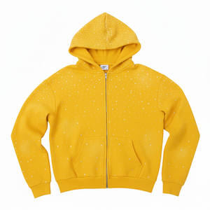 Sweat à capuche zippé personnalisé en coton épais 100% pour homme, délavé soleil, broderie strass, style streetwear - Product Image 6