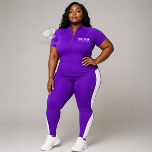 NCNW <b>Women's</b> Workout Set <b>Quarter</b> <b>Zip</b> Top Short Sleeve High Waist Leggings With Contrast White Stripe Sports Activewear Set - Product Image 6