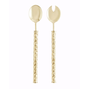 Ensemble élégant de 2 ustensiles de service pour salade en métal bicolore, finition dorée, en acier inoxydable, fourchette et cuillère, en vente - Product Image 3
