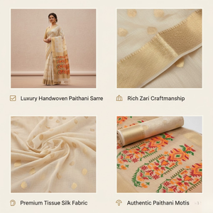 Sari tissé à la main en tissu Paithani Zari de Korra | Collection de vêtements de luxe Girnar pour festivals de mode, mariages, tenues de mariée et tenues traditionnelles - Product Image 2