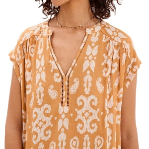 Blusa de Crepé de Manga Corta Color Amarillo Ocre para Mujer, Ligera, Transpirable, Elegante, Informal, para Oficina, Moda de Verano - Product Image 3