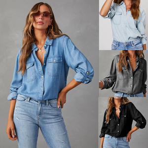 Muzamin Apparel Chemise en jean pour femme, style européen et américain, automne, décontractée, à revers, simple boutonnage, manches longues, respirante, séchage rapide - Product Image 5