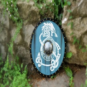 Ahmad Fabric Viking Shield with White Dragon Design Teal Ply <b>Wood</b> & Carbon Steel Finish Metal Center <b>Spike</b> Shield DIY Grade - Product Image 3