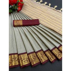 NUEVA LLEGADA SAREE DE SEDA DE ALGODÓN CON BLUSA SIN COSTAR TEJIDO BUTI TRABAJO GRIS - Product Image 1