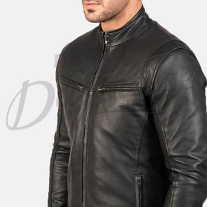Chaqueta de Cuero Negra para Hombre, Estilo Motero, Corte Ajustado, Piel de Oveja Auténtica, Otoño Invierno, Casual, con Cuello Mao - Product Image 3