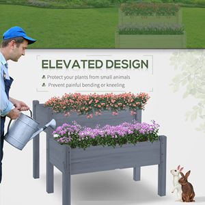 Classic 2-Tier Wooden <b>Planter</b> Box Self-Watering Raised Garden Bed for <b>Vegetables</b> Herbs Flowers-Gray - Product Image 4