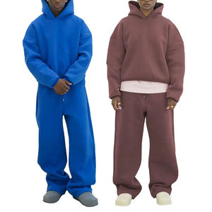 Men's Blue Hooded Sweatshirt <b>Set</b> Solid Color Casual Fleece Two-Piece Tracksuit Autumn Wear 100% Cotton French Terry - Product Image 3