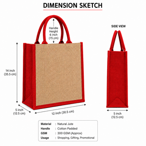 Red Custom Logo Jute Shopping <b>Bag</b> with Canvas Trim Small Size <b>Zipper</b> Closure Handled Supermarket <b>Tote</b> - Product Image 2