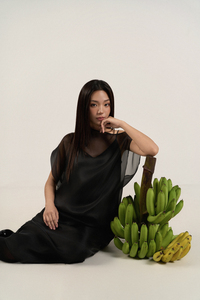 Summer Woven Silk Midi Dress, Asymmetrical Stripes, Crew Neck, Regular Sleeve, Loose Straight Fit, Casual Button Style - Product Image 4