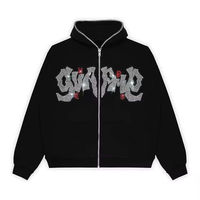 Sudadera con Capucha Negra Unisex Oversize con Pedrería, de Forro Polar y Algodón, Estilo Casual, para Otoño, Corte Regular, Color Liso, con Bolsillos