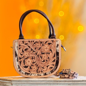 Hand Tooling Florals Carved Designer Fashionable Women's Luxury Elegant Genuine Leather Brown Waterproof Large Capacity Handbags - Product Image 1