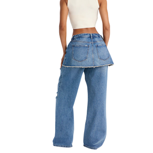 Pantalones Vaqueros de Mezclilla Lavada para Mujer, Cintura Media, Pierna Ancha, Detalles Desgastados y Rotos, Estilo Casual Urbano, Ajuste Holgado, Azul, Otoño, 100% Mezclilla - Product Image 2
