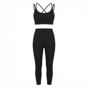 Ensemble de yoga 2 pièces North Approach, fermeture éclair intégrale sur le devant, noir uni, tissu respirant, vêtements de sport pour femmes - Product Image 1