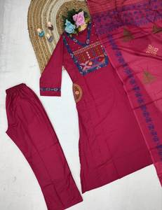 Rayon Slub Embroidered <b>Three</b> Piece Ethnic Set Women Top Bottom Pair with Mul Printed Dupatta Stylish Kurti Pant Outfit 45 Inch - Product Image 5