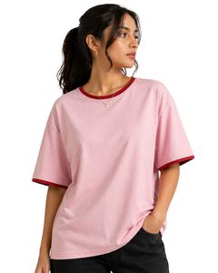 Light Pink Women Oversized T Shirt Casual Crew Neck Short Sleeve Contrast Trim Loose Fit Soft Breathable Summer Streetwear <b>Top</b> - Product Image 1