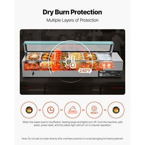 Scaldavivande Elettrico Commerciale 1500W in Acciaio Inox con 6 Vasche da 1/3, Buffet Bain Marie con Coperchio in Vetro, Attrezzatura per Mantenere il Cibo Caldo - Product Image 6