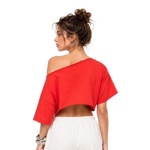 Haut court ample à col long, tricoté sur mesure, style baby tee, manches courtes, couleur unie, chemisier oversize pour femme, printemps-été - Product Image 2